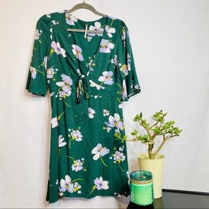 Free People Green Floral Dress with Flare Sleeves